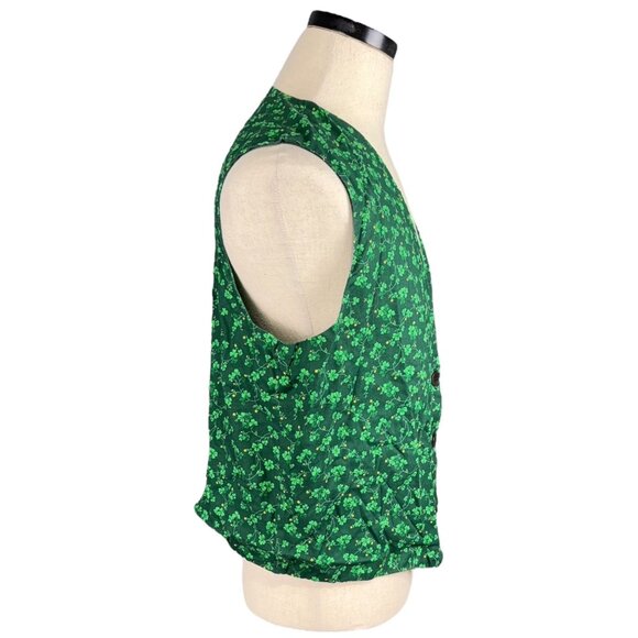 Green Shamrock Print Cotton Button-Up Vest Medium - Picture 2 of 7